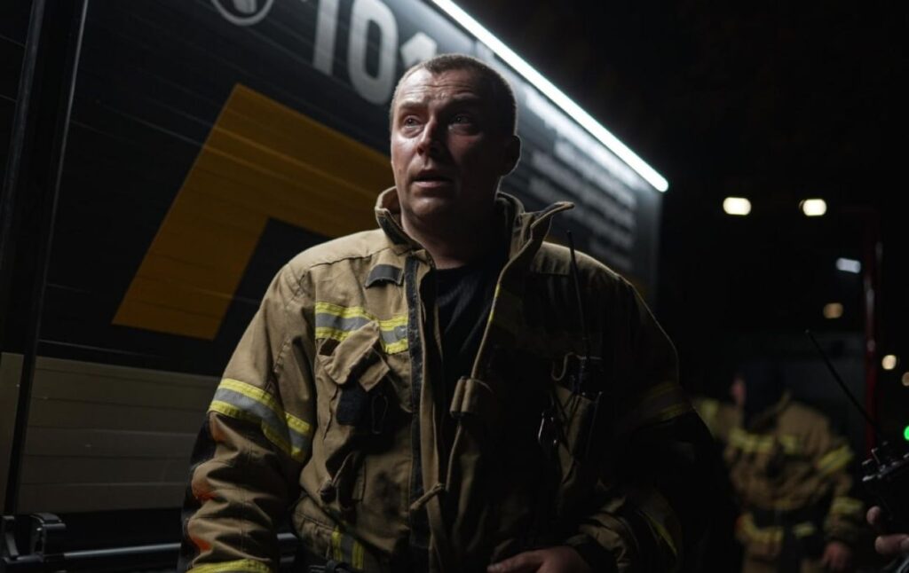 Рятувальники біля пошкодженого внаслідок атаки дрона житлового будинку в Києві вночі