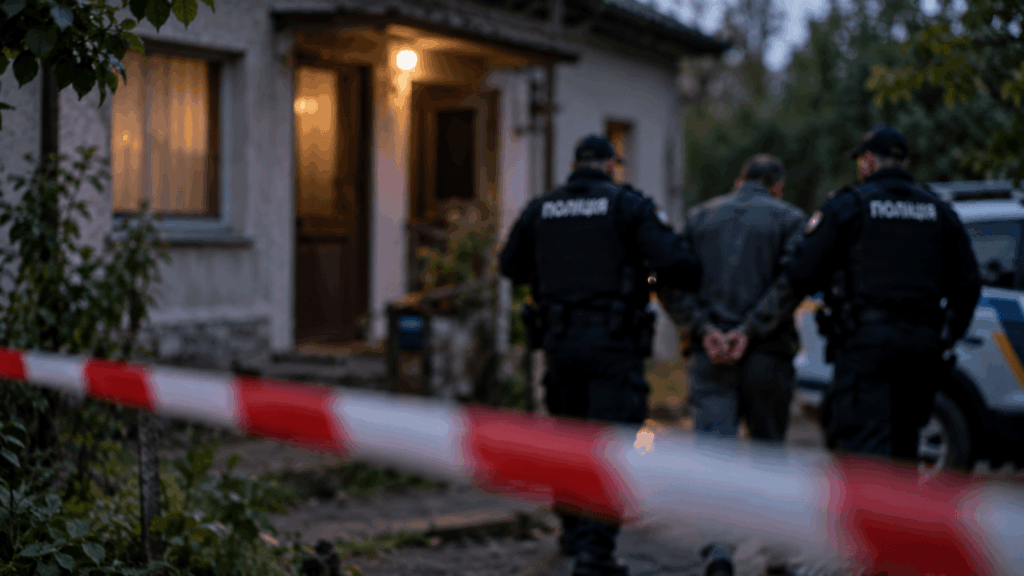 Поліцейська стрічка огороджує вхід до житлового будинку вночі